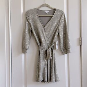 City Vibe Grey Gold Faux Wrap Dress